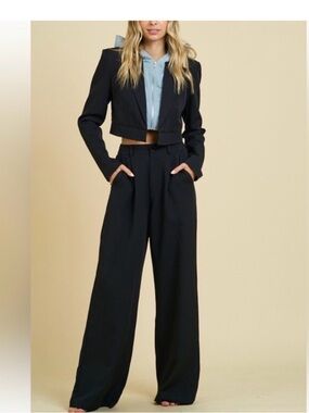 Cropped Black Blazer & Wide-Leg Pants Set - Women's Two-Piece